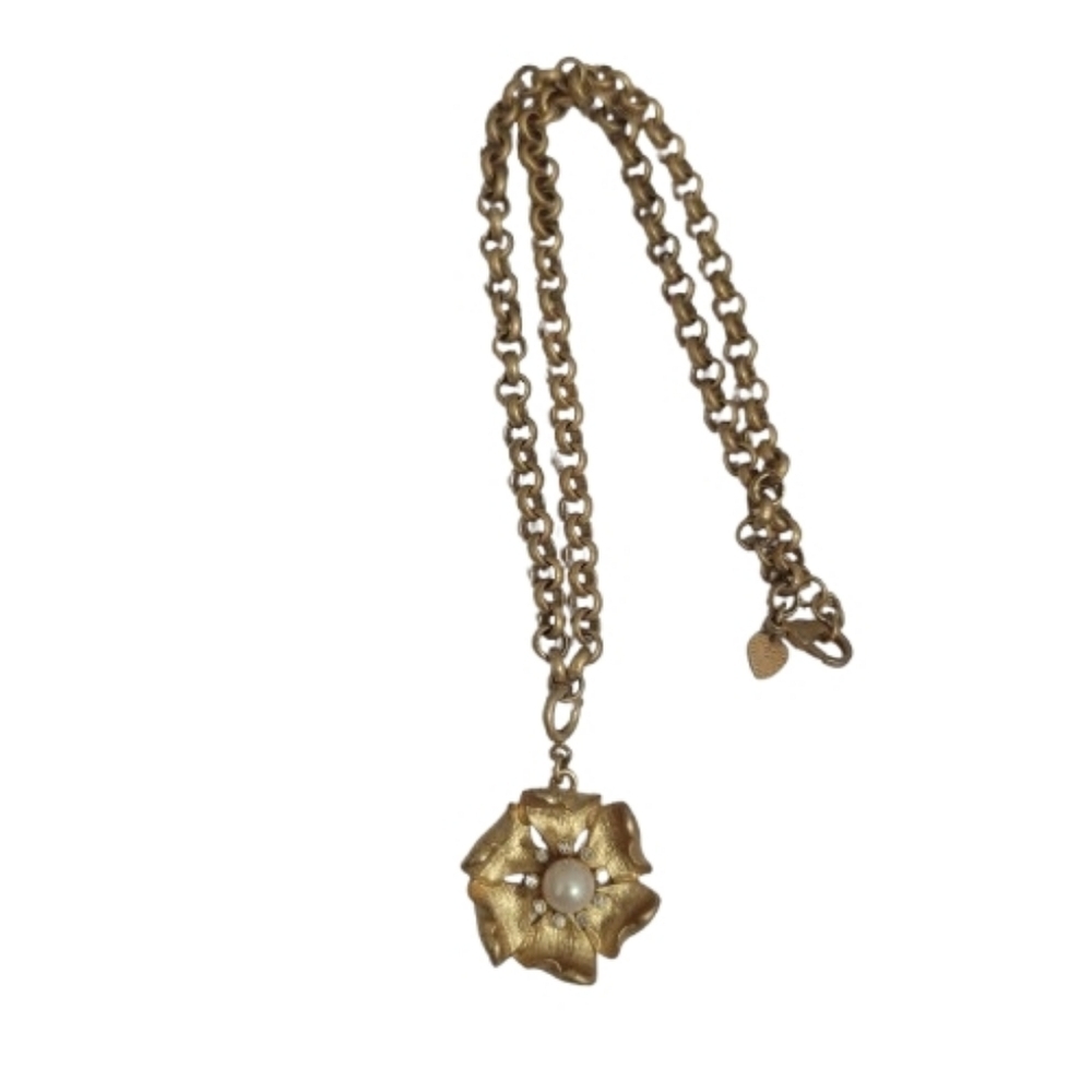 Stella & Dot Charlotte GoldTone Floral Rhinestone Faux Pearl Pendant Link Chain